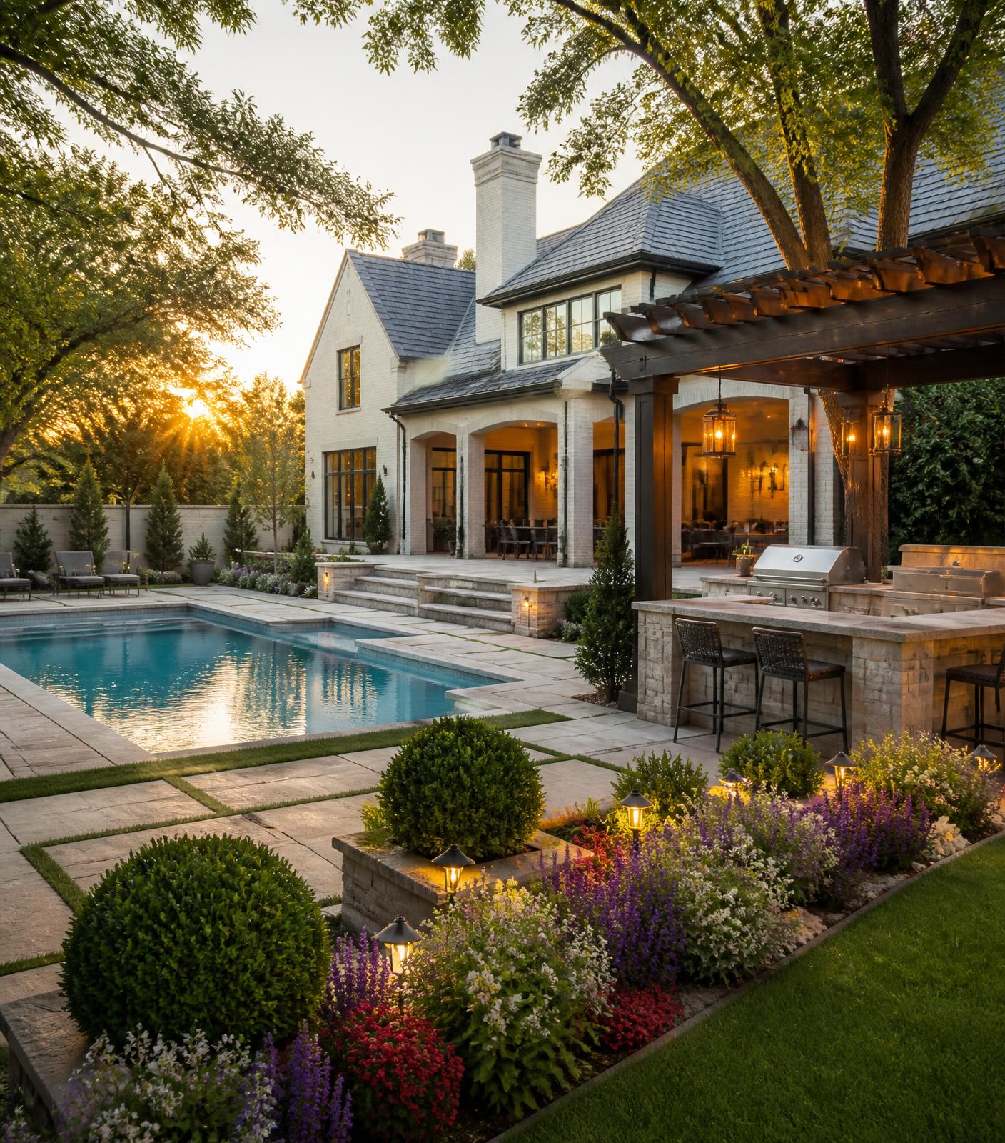 Beautifully landscaped backyard with a swimming pool, outdoor kitchen, and manicured gardens