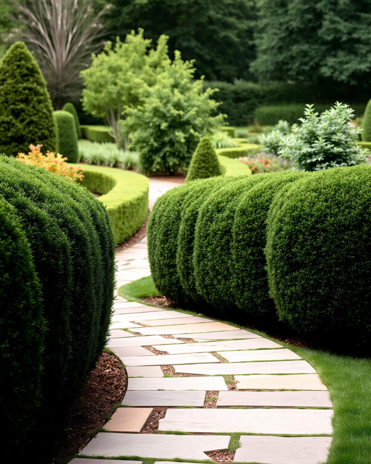 Sculpted hedges along a flagstone path