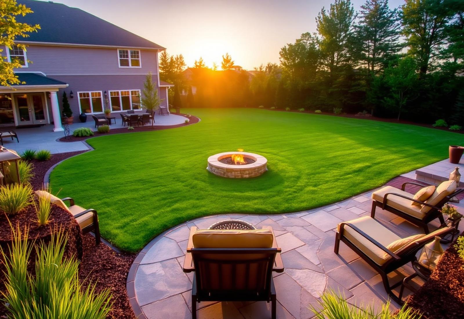 Backyard lawn with fire pit at golden hour