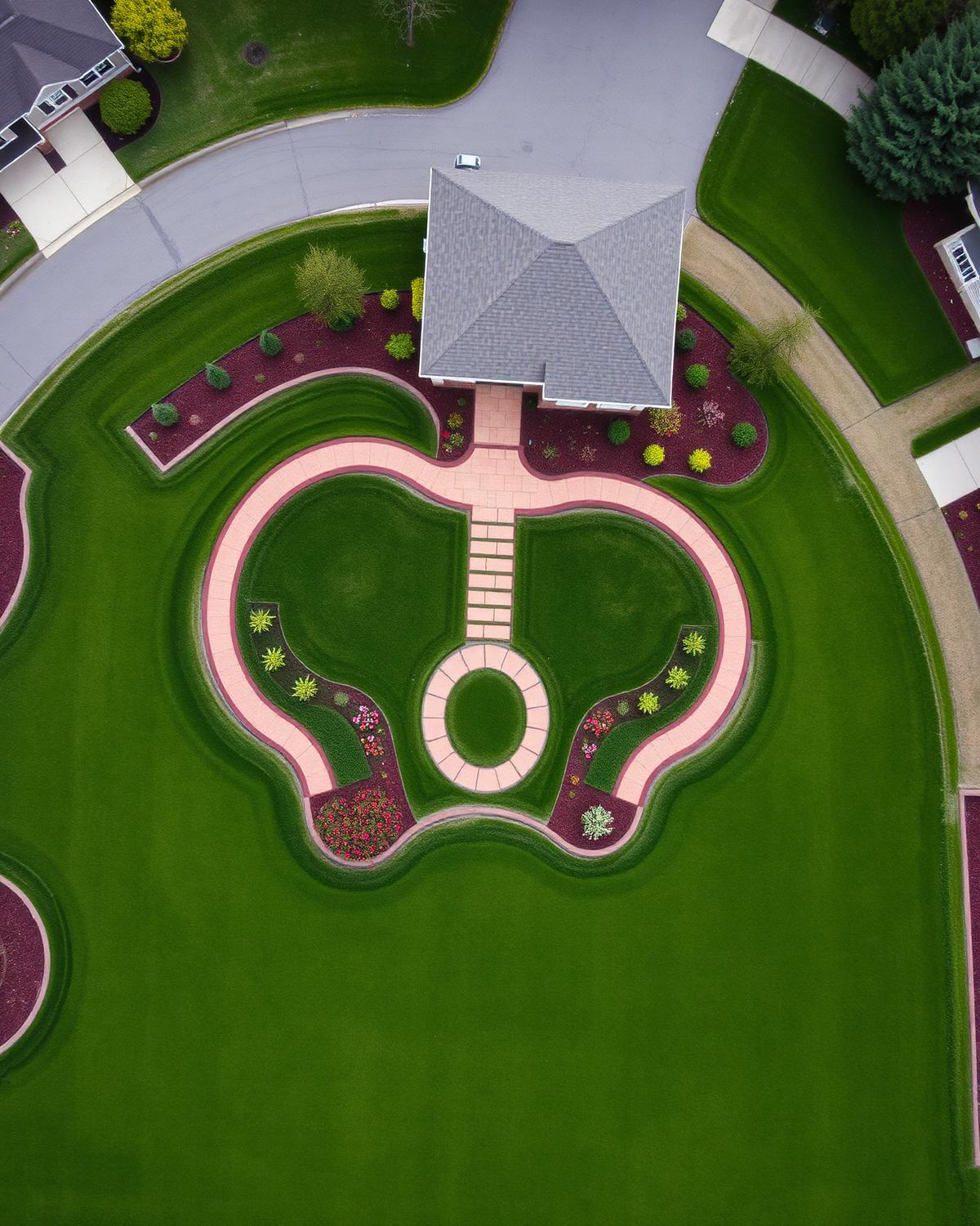 Overhead view of manicured front lawn design