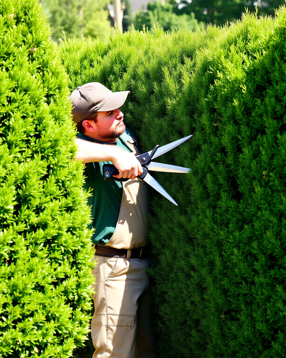 Landscaper shaping a boxwood hedge