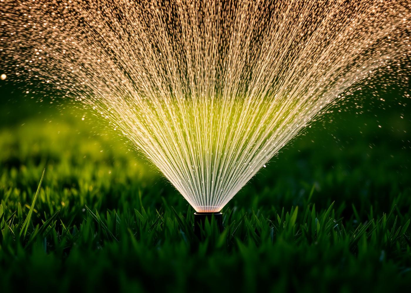Irrigation sprinkler arcing over lawn