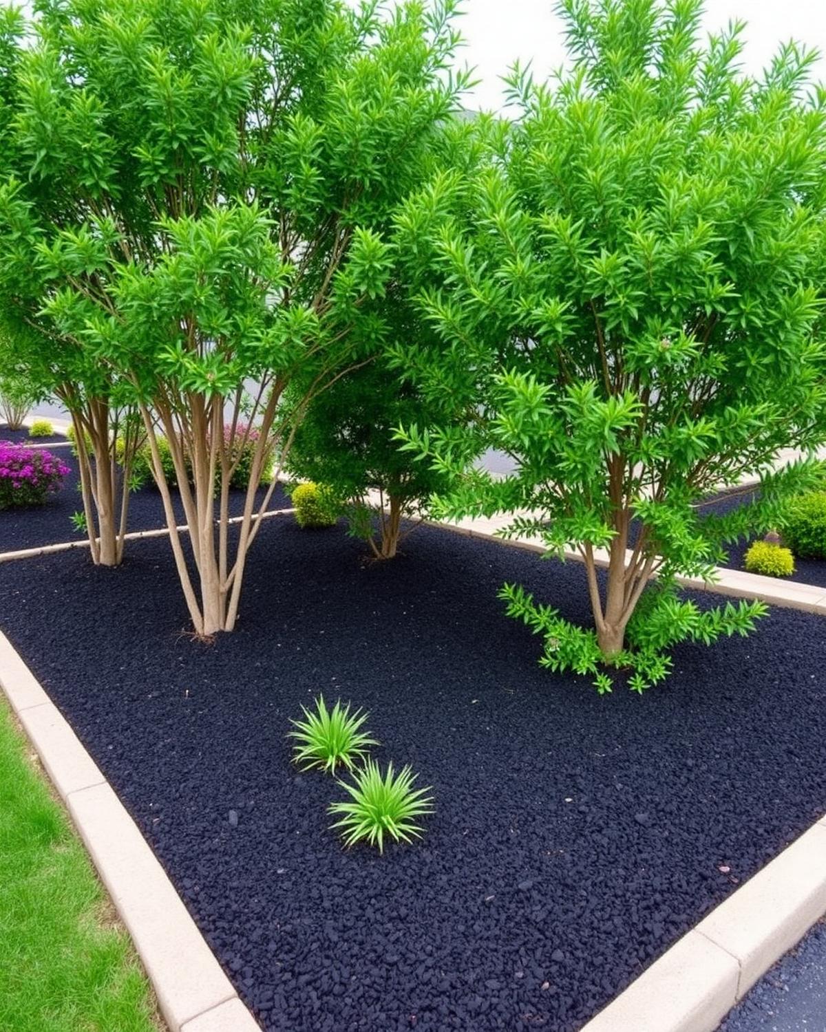 Fresh mulch beds with ornamental trees