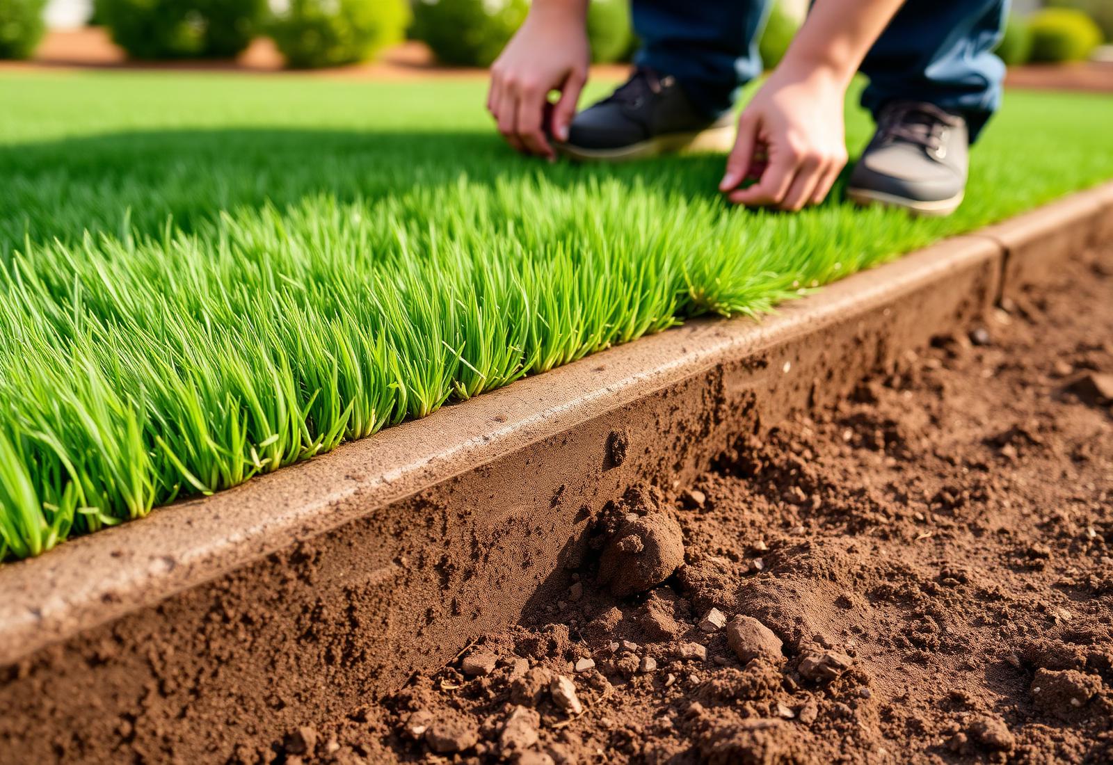 Freshly laid premium sod turf on a graded soil base